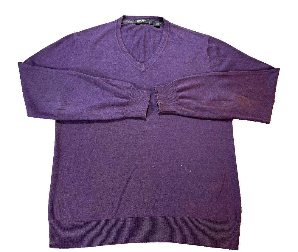 DKNY Men's Sweater Purple Solid Knit V-Neck Pullover Long Sleeve Large Cotton